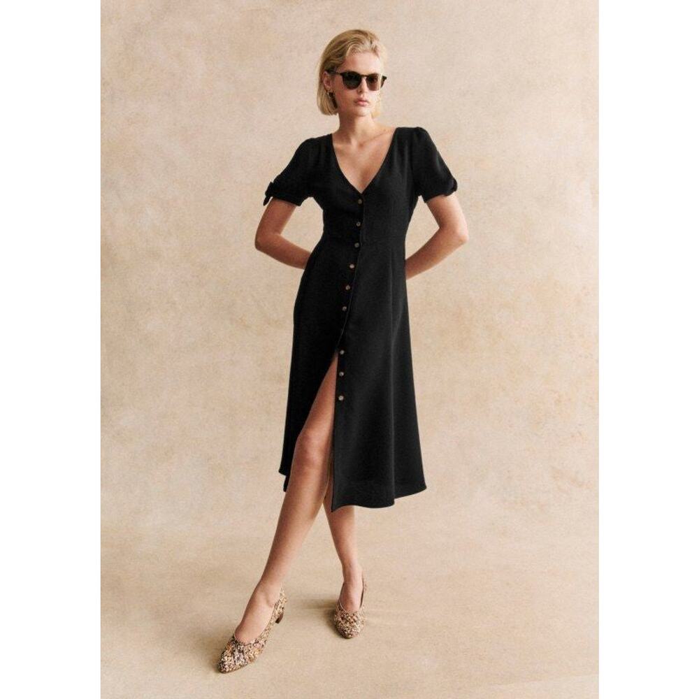 Sezane Vic Short Sleeve Button Front V-Neck Midi Dress Black - 4 - Picture 1 of 5